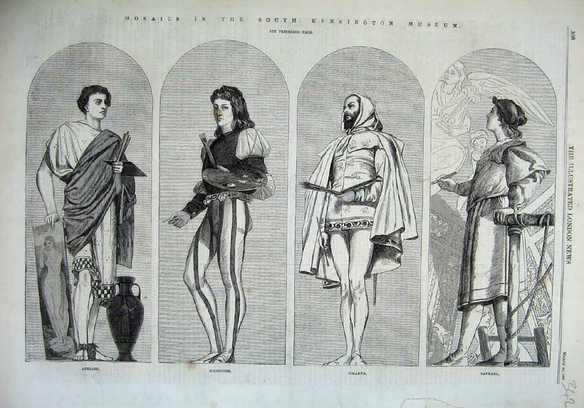 Old Antique Print 1867 Mosaics Kensington Museum Apelles Raphael Cimabue 19th