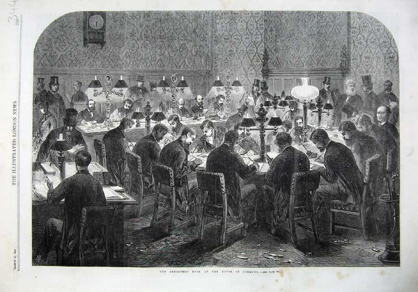 Original Old Antique Print 1867 Fine Art Reporters Room House Commons Men Table