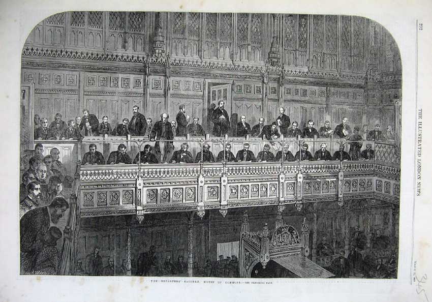 Original Old Antique Print Fine Art 1867 Reporters Gallery House Commons Men