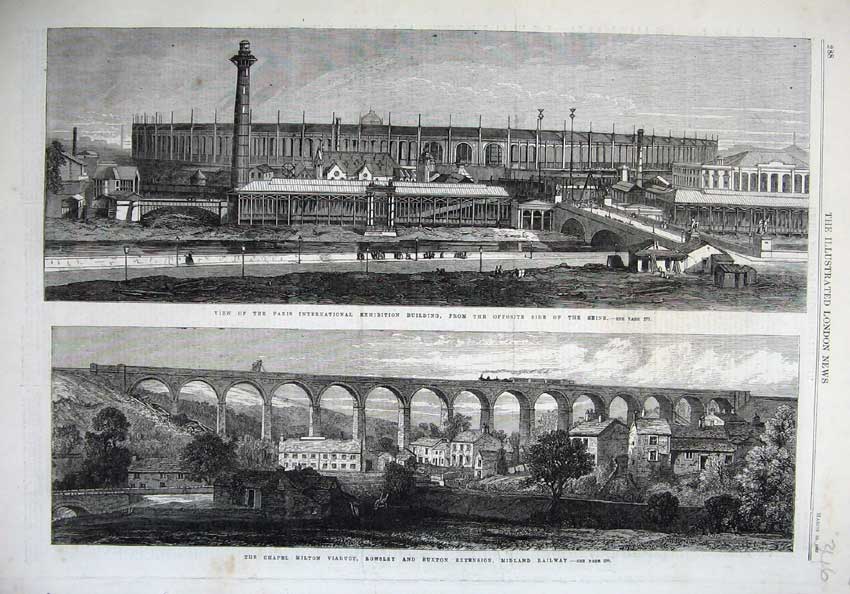 Old Antique Print 1867 Paris Exhibition Building Milton Viaduct Railway 19th