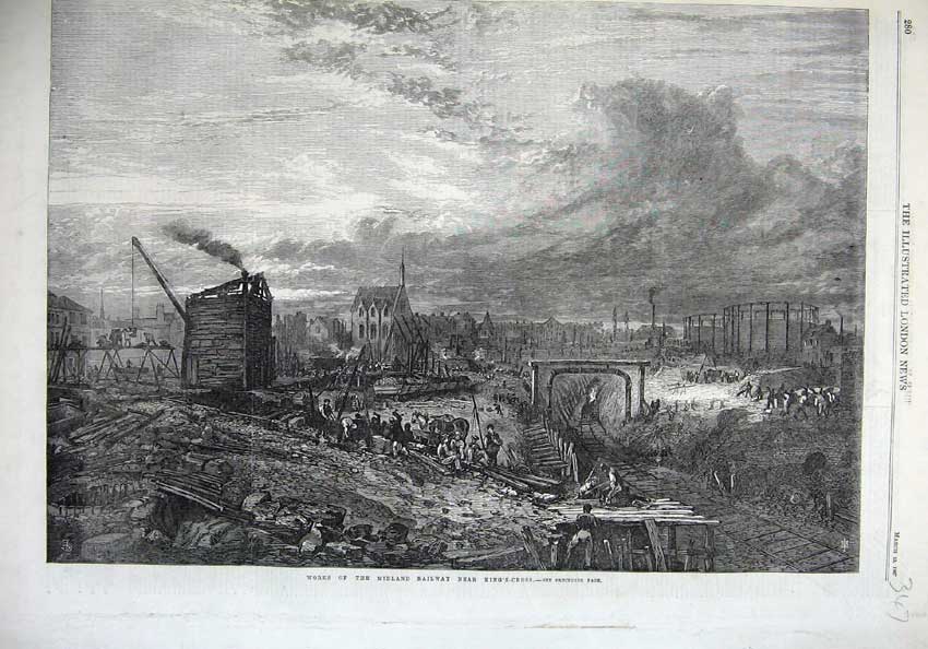 Old Antique Print 1867 Works Midland Railway Kings Cross Train Fine Art 19th
