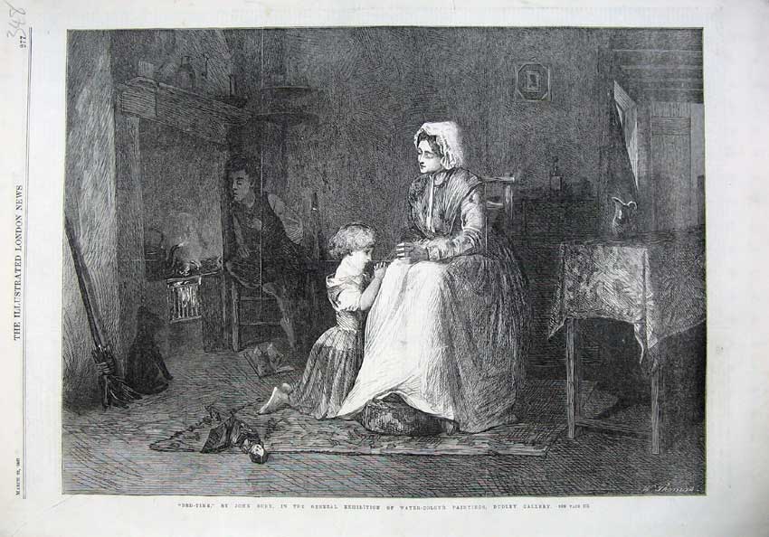 Original Old Antique Print 1867 Fine Art Bedtime Little Girl Mother Prayers