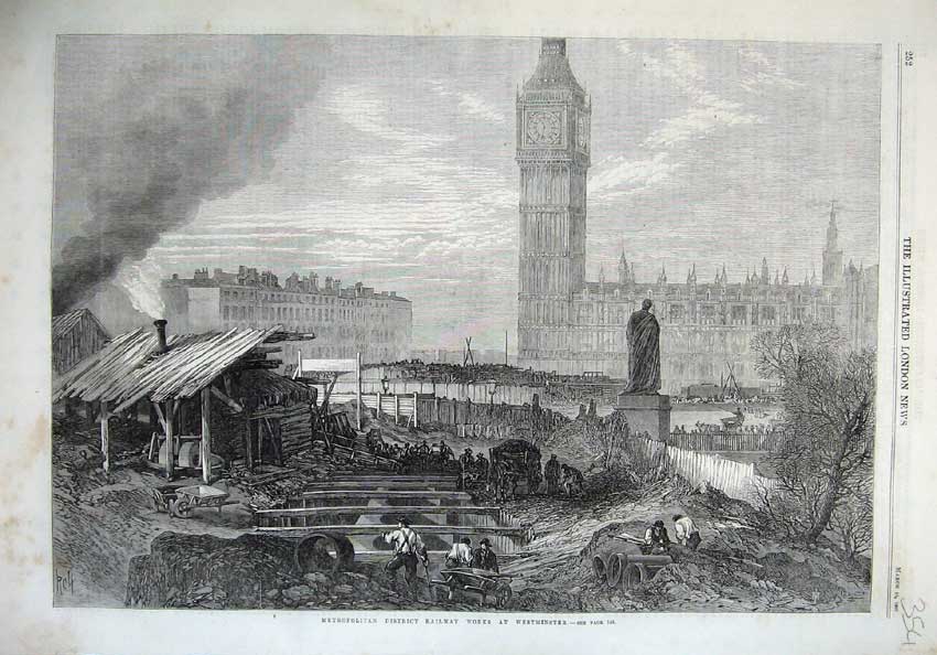 Original Old Antique Print Metropolitan Railway Works Westminster 1867 London