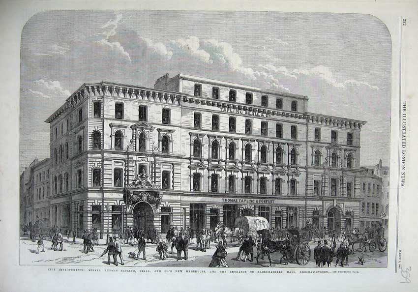 Old Antique Print 1867 London Thomas Tapling Beall Warehouse Haberdasher 19th