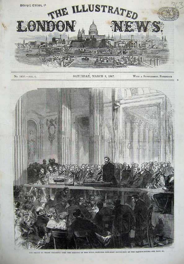 Original Old Antique Print 1867 Prince Wales National Life-Boat Meeting Mansion