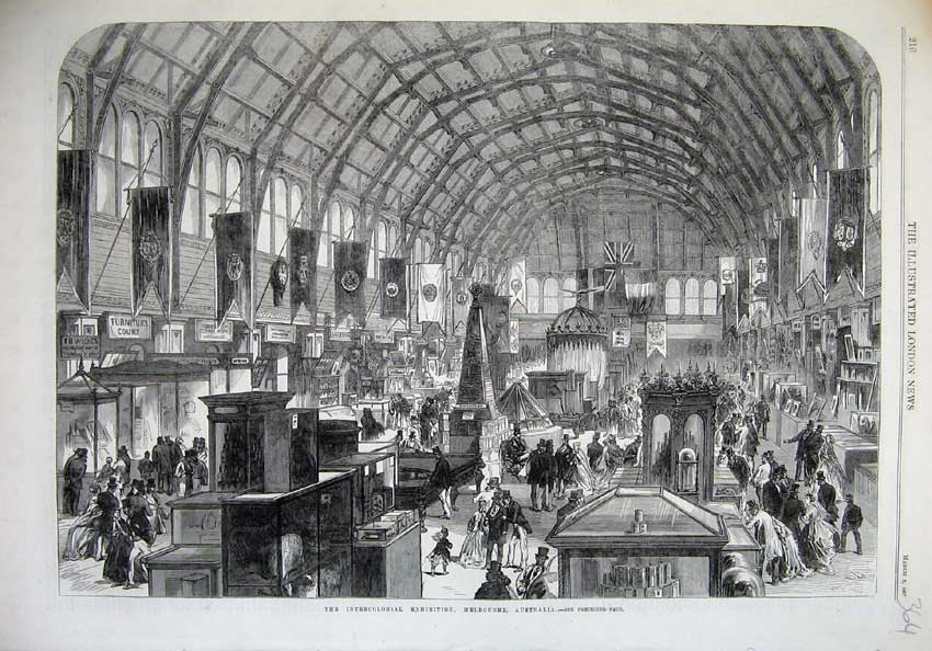 Old Antique Print 1867 Intercolonial Exhibition Melbourne Australia Art 19th