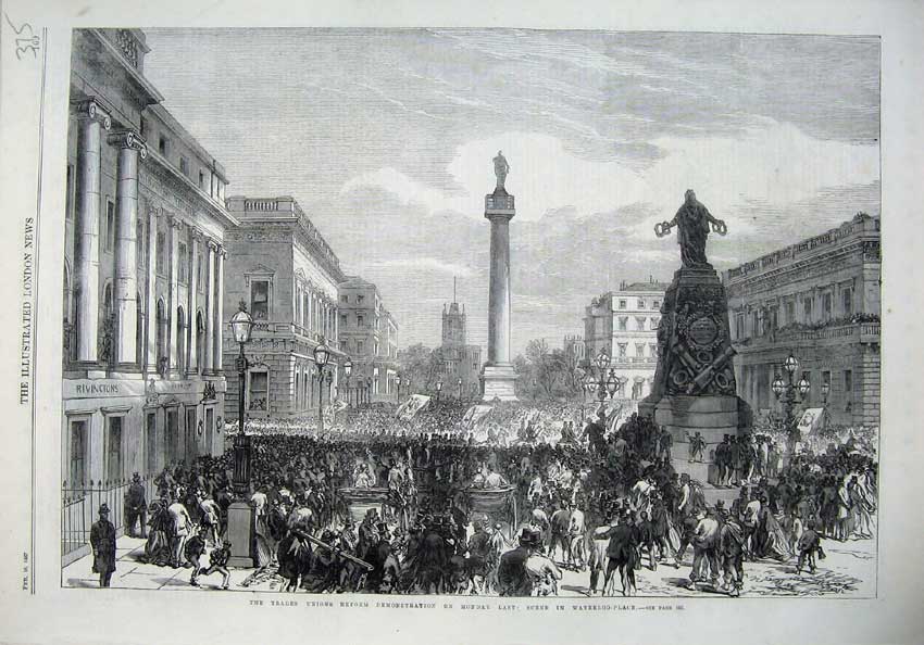 Old Antique Print 1867 Trades Union Reform Demonstration Waterloo Place 19th