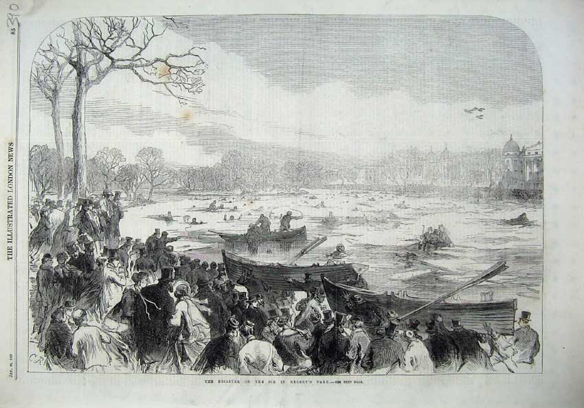 Old Antique Print 1867 Disaster Ice Regents Park London Men Boats River 19th