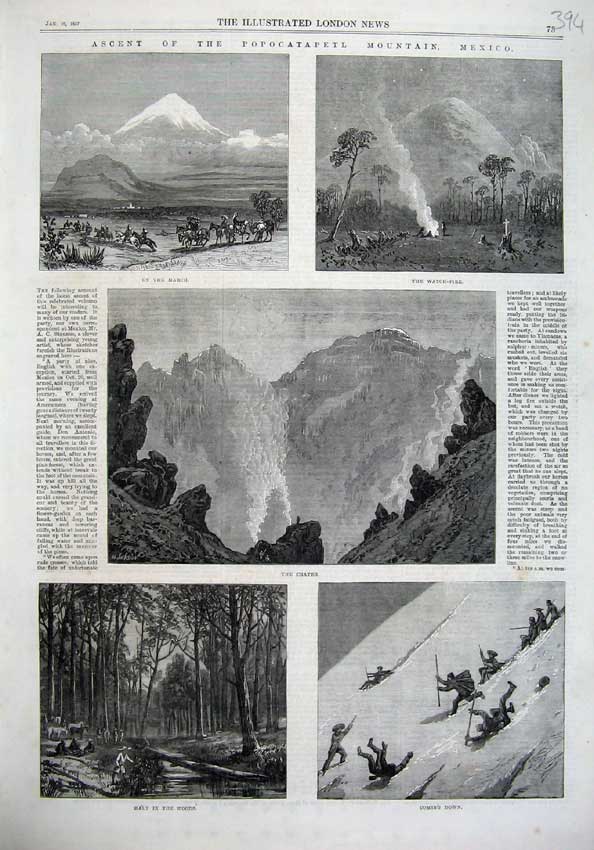 Original Old Antique Print 1867 Mexico Popocatapetl Mountain Woods Snow America
