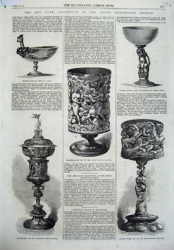 Old Antique Print 1867 Kensington Museum Crystal Tazza Agate Bowl Cup Art 19th