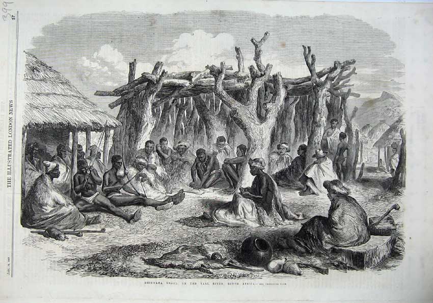 Original Old Antique Print 1867 Bechuana Kraal Vaal River Africa Native Men Art