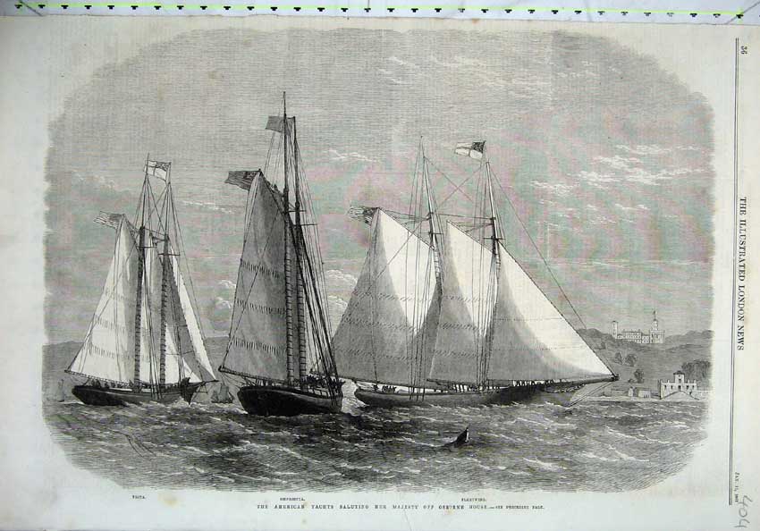 Original Old Antique Print 1867 American Yachts Queen Osborne House Ships Vesta