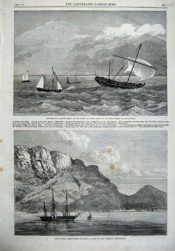 Old Antique Print 1867 Capture Slave Dhow Ship Lyra Madagascar Victoria 19th