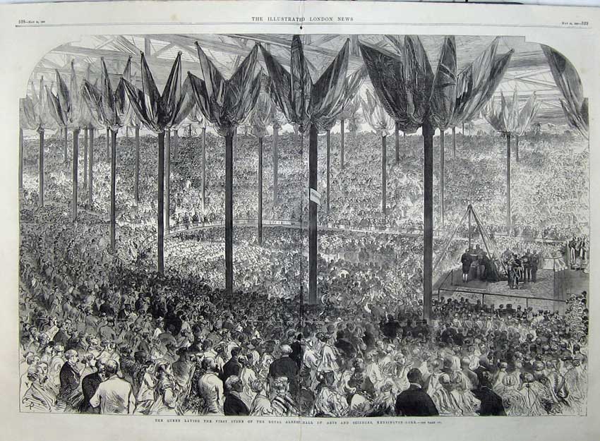 Old Antique Print 1867 Queen Foundation Stone Albert Hall Kensington Art 19th