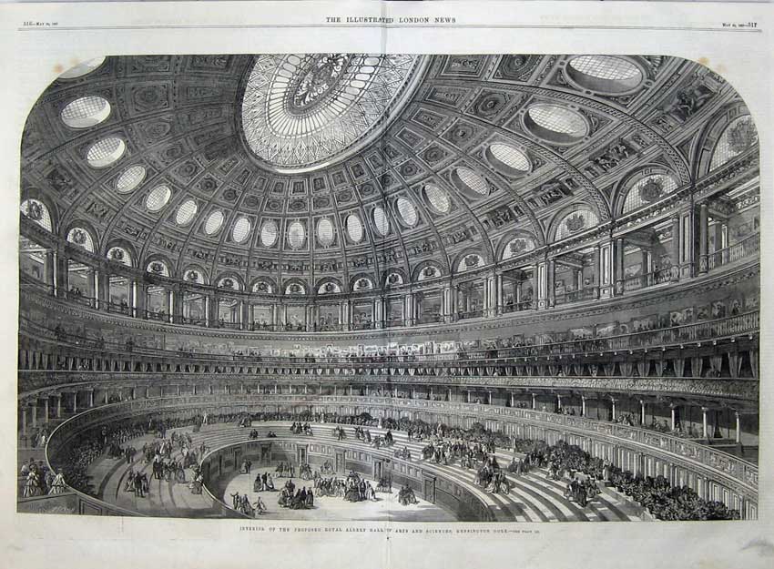 Antique Old Print 1867 Interior Albert Hall Kensington Museum Art Science 19th