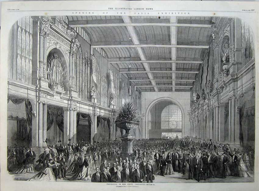Old Antique Print 1867 Paris Exhibition Procession Grand Vestibule Art 19th