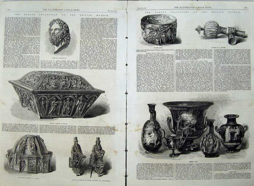 Old Antique Print British Museum 1867 Greek Vases Casket Silver Bowl Art 19th