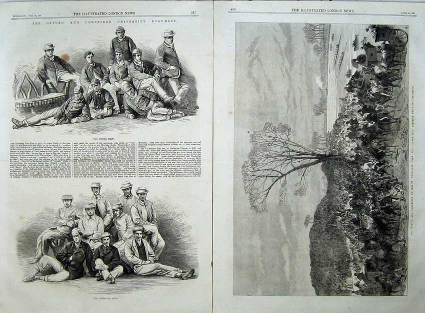 Original Old Antique Print Oxford Cambridge Boat Race 1867 Crew Chiswick River
