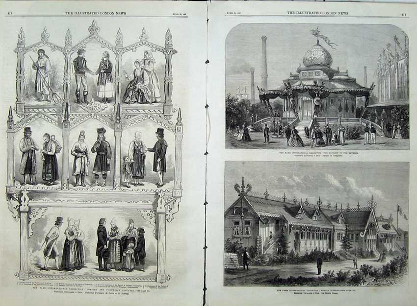 Antique Old Print 1867 Paris Exhibition Swedish Costumes Pavilion Stables 19th