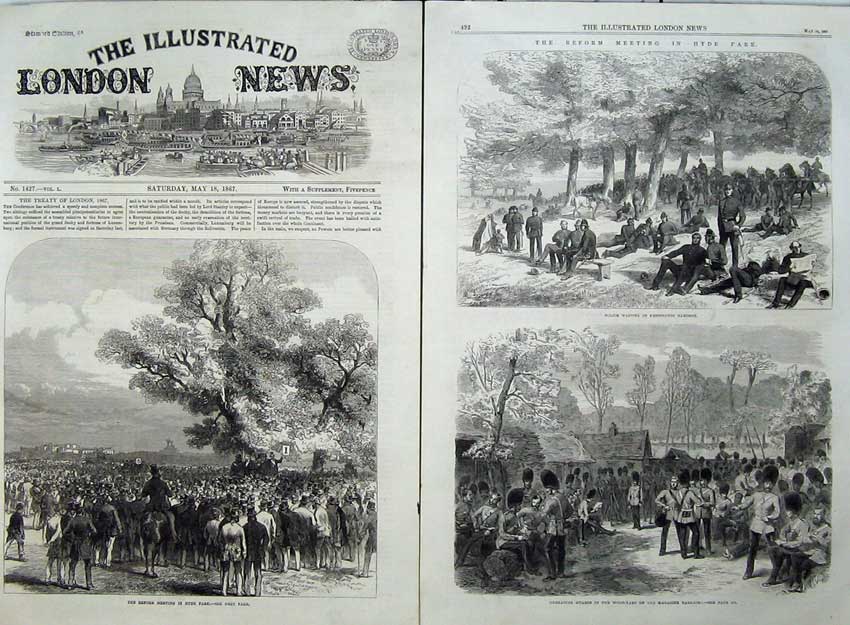 Old Antique Print 1867 Reform Meeting Hyde Park Police Kensington Guards 19th