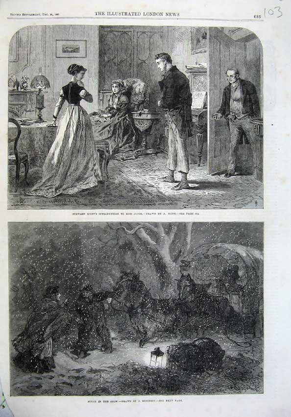 Old Antique Print Fine Art 1867 Stewart Miss Jones Horse Coach Stuck Snow 19th