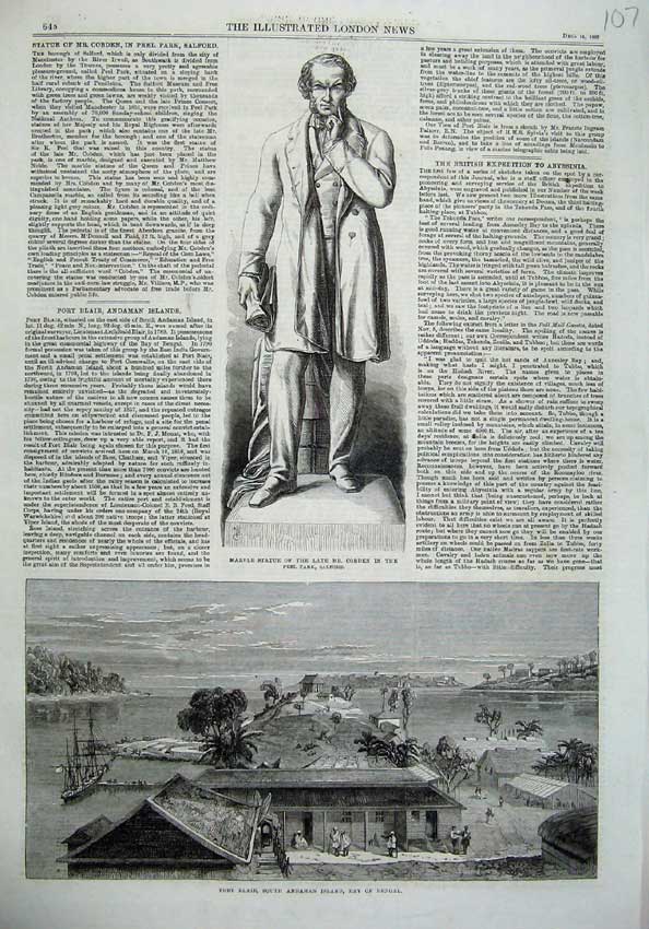 Original Old Antique Print Statue Cobden Salford 1867 Port Blair Andaman Bengal