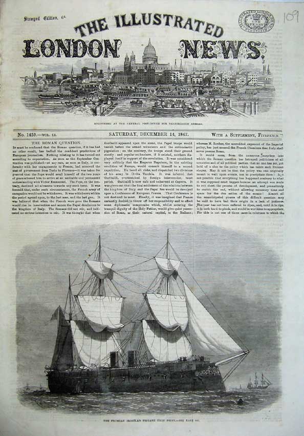 Old Antique Print 1867 Prussian Ironclad Frigate Kron Prinz Sailing Ship 19th