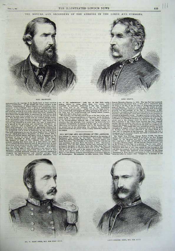 Old Antique Print 1867 Lords Commons Brownlow Hylton Dyke Hogg Kent Bath 19th