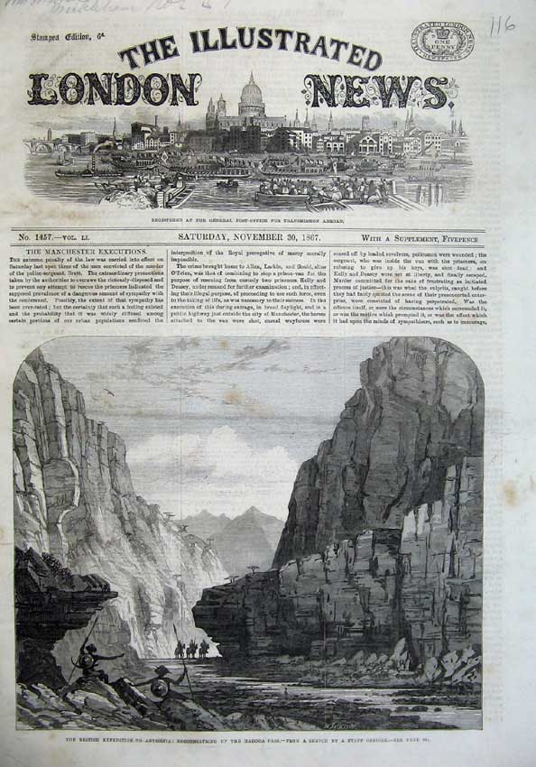 Original Old Antique Print 1867 Anyssinia Reconnoitring Hadoda Pass Natives Art