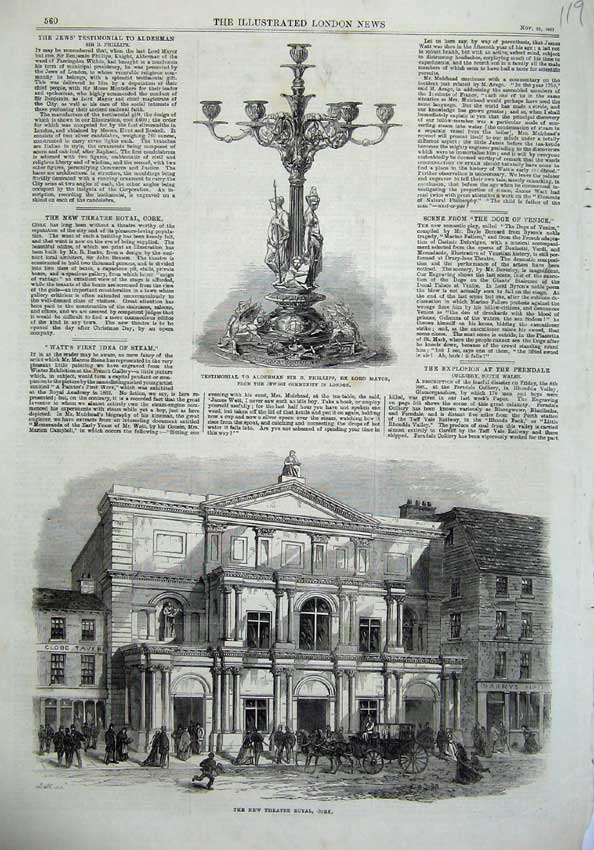 Old Antique Print 1867 Theatre Royal Cork Testimonial Alderman Phillips 19th