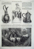 Old Antique Print 1867 Sheep Hay Stack Statue Wood Nymph Tankard Fine Art 19th