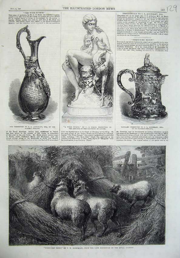 Old Antique Print 1867 Sheep Hay Stack Statue Wood Nymph Tankard Fine Art 19th