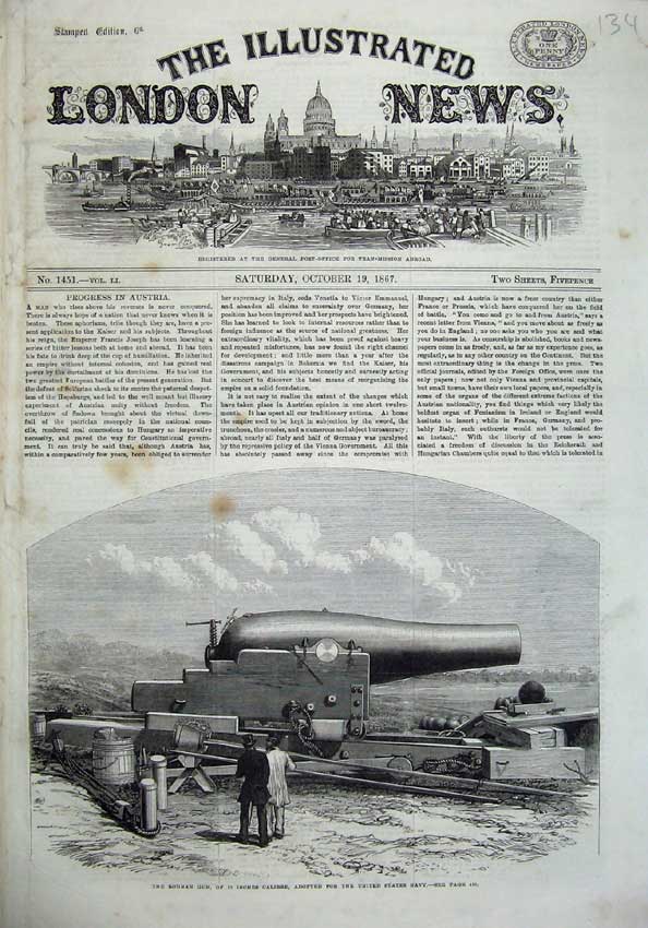 Old Antique Print 1867 Rodman Gun Canon United States Navy War Army Art 19th