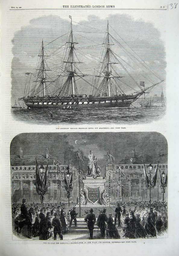 Old Antique Print 1867 Illuminations Brussels American Ship Franklin Art 19th