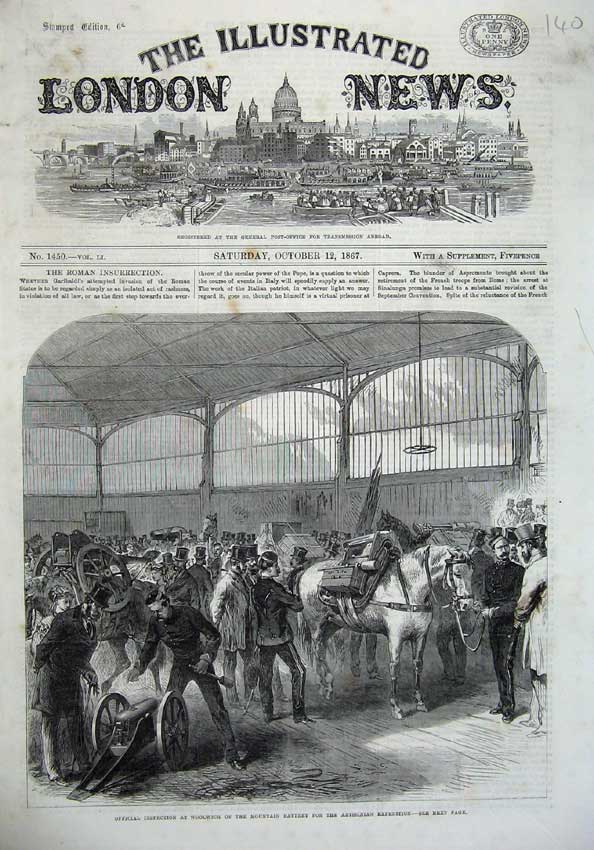 Old Antique Print 1867 Inspection Woolwich Mountain Battery Abyssinan Art 19th
