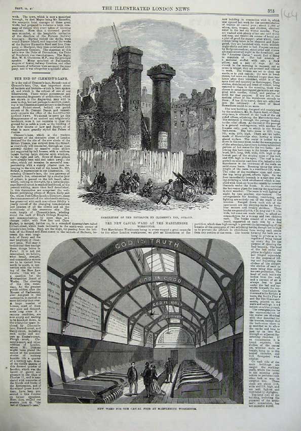 Original Old Antique Print Ward Poor Marylebone Workhouse 1867 Clement'S Strand