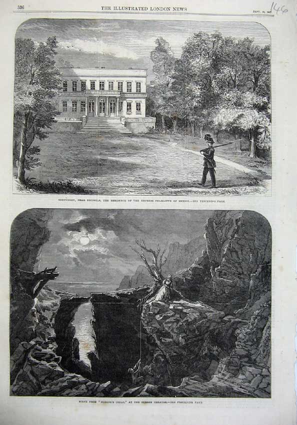 Original Old Antique Print 1867 Art Surrey Theatre Tervueben Brussels Charlotte