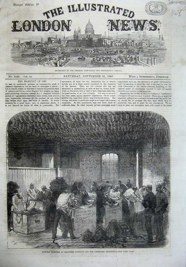 Old Antique Print 1867 Packing Saddlery Woolwich Dockyard Abyssinian Art 19th