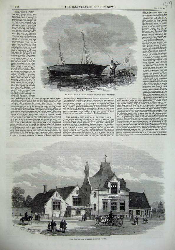Original Old Antique Print Boat John Ford 1867 Gospel-Oak School Kentish Town