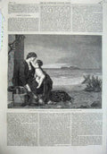 Original Old Antique Print 1867 Fine Art Painting Mother Baby Sea Shore Beach