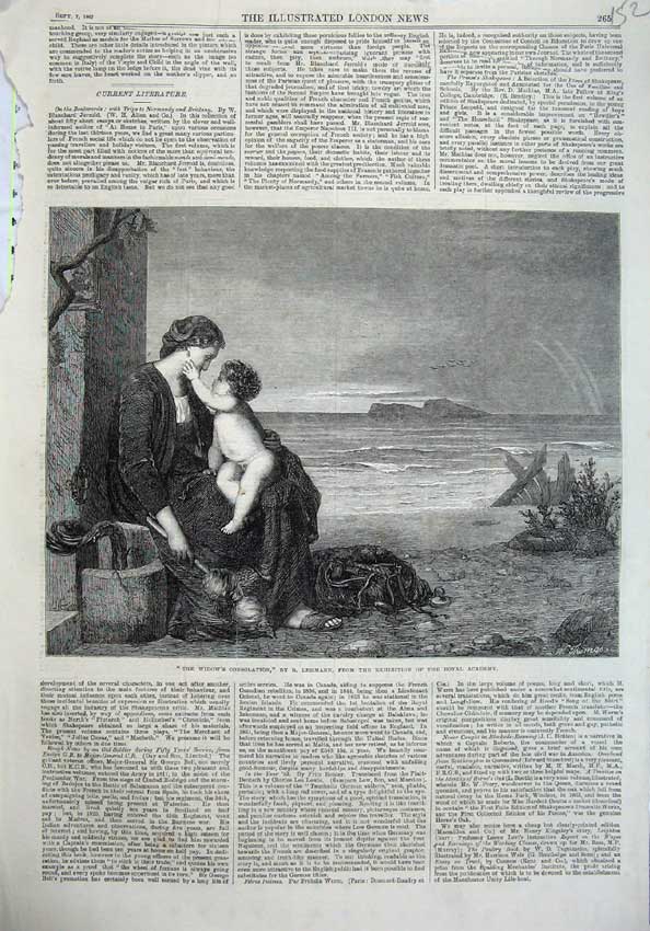 Original Old Antique Print 1867 Fine Art Painting Mother Baby Sea Shore Beach