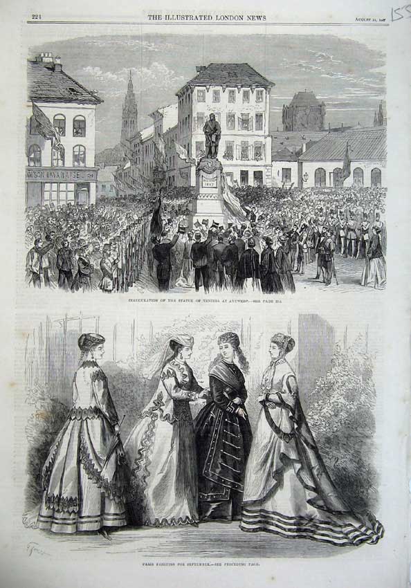 Old Antique Print Paris Fashion 1867 Statue Teniers Antwerp Inauguration 19th