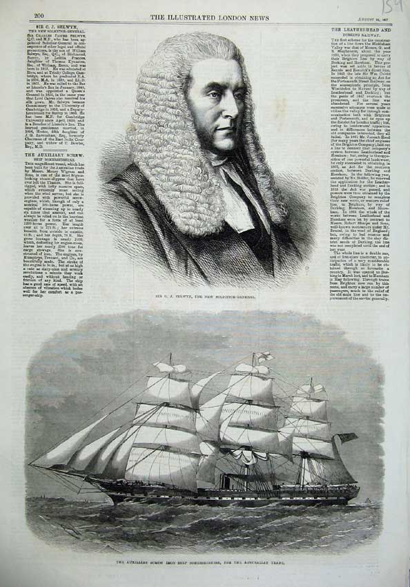 Old Antique Print Sir Selwyn Solicitor 1867 Screw Iron Ship Somersetshire 19th