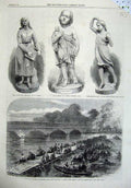 Original Old Antique Print 1867 Middlesex Ta Boat River Bridge Children Statue