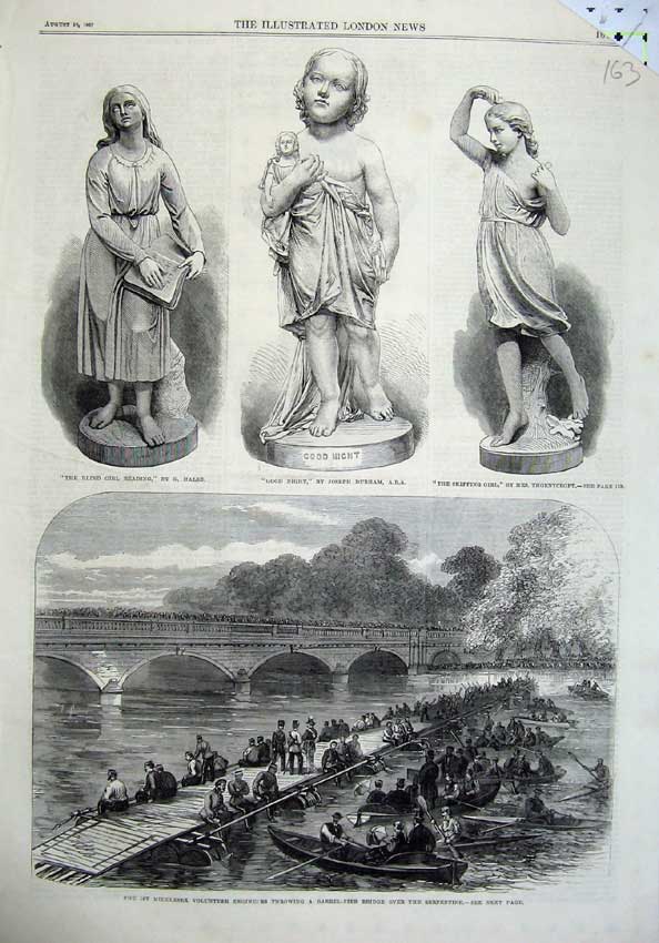 Original Old Antique Print 1867 Middlesex Ta Boat River Bridge Children Statue