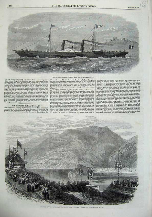 Old Antique Print 1867 Louise Marie Dover Ship Henares Canal Spain Hills 19th