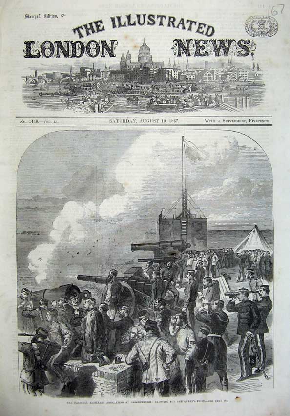 Old Antique Print 1867 Artillery Association Shoeburyness Shooting Canon 19th
