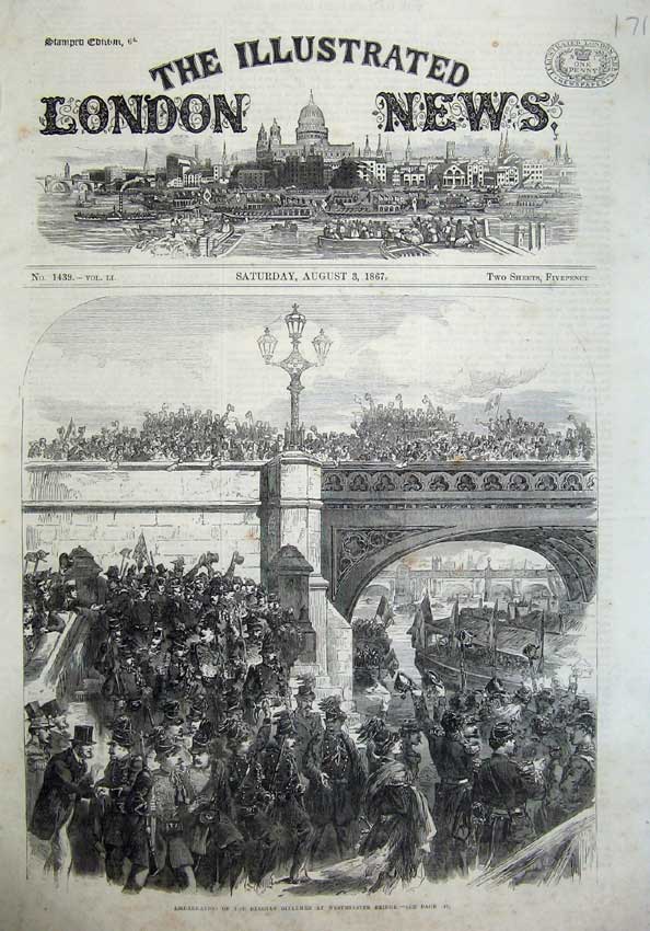 Old Antique Print 1867 Belgian Riflemen Westminster Bridge London River 19th