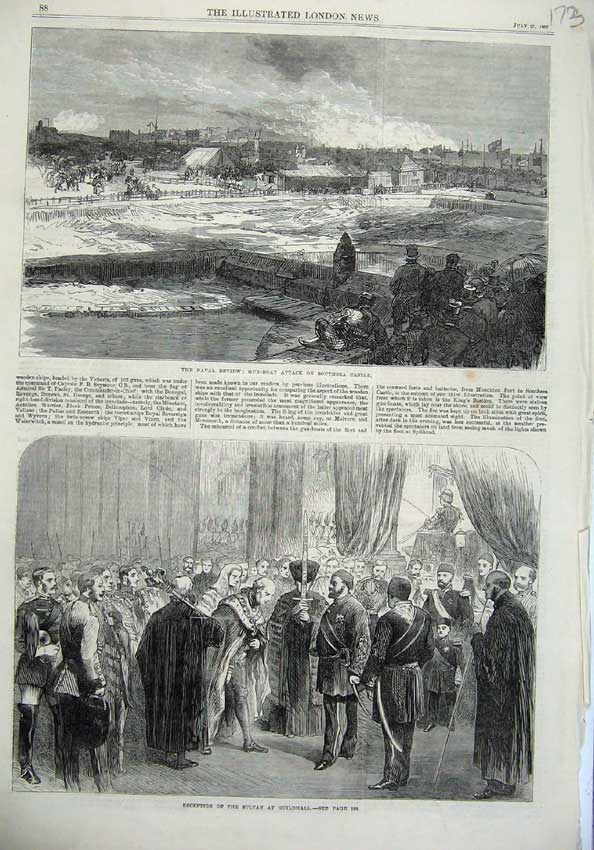Old Antique Print Gun-Boat Attack Southsea Castle 1867 Sultan Guildhall 19th