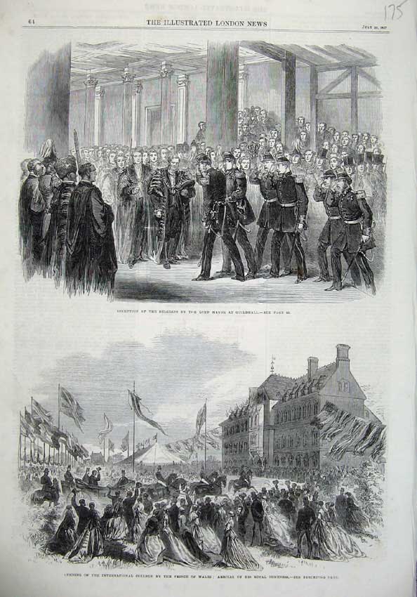 Old Antique Print 1867 Mayor Guildhall Belgians International College Art 19th